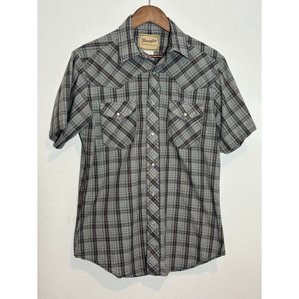 Wrangler Western Shirt Gray and Black Plaid w/ Red Stripe Pearl Snap